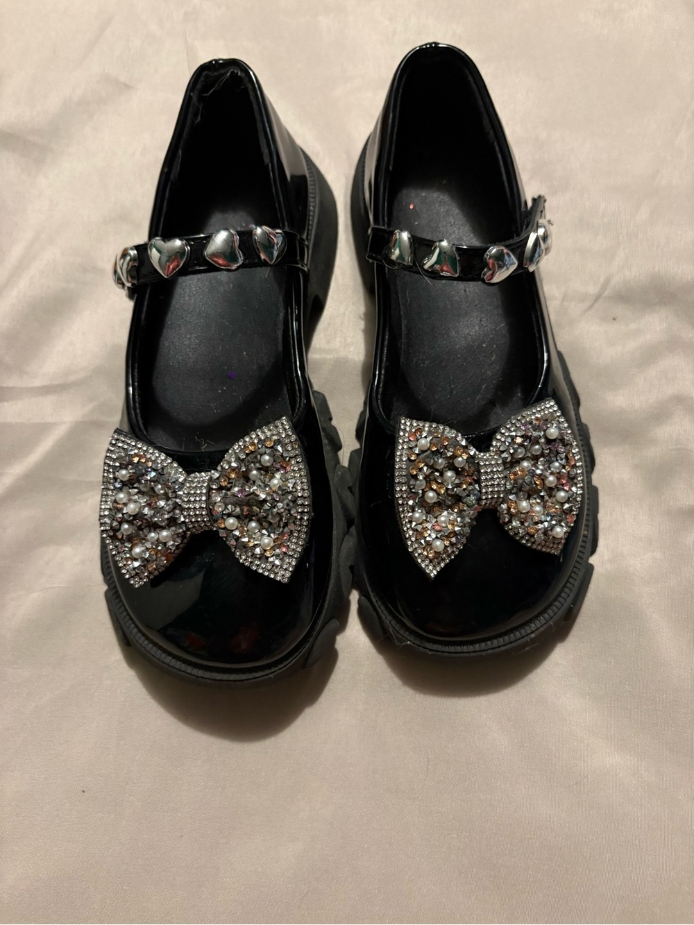 Kids Black Patent Mary Jane Shoes with Jeweled Bow